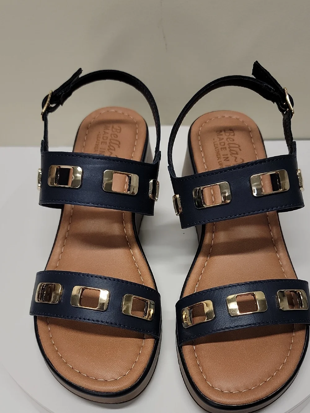 BELLA VITA -NEW IN BOX- WEDGE SANDALS NAVY BLUE 6.5 ITALIAN LEATHER